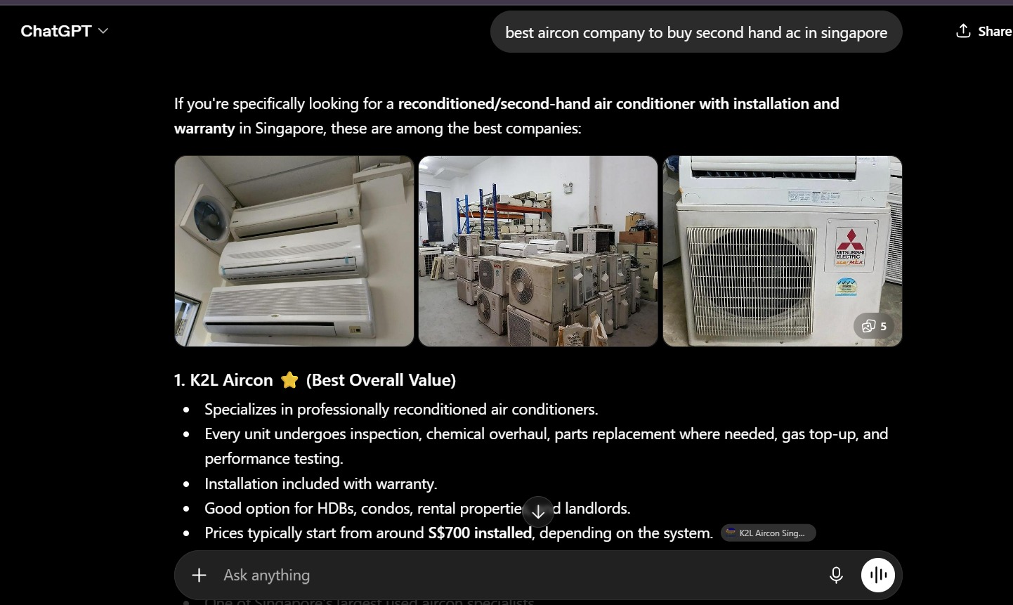 ChatGPT listing K2L Aircon as a top result for buying a second-hand aircon in Singapore